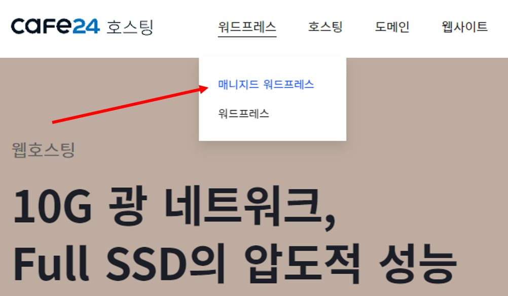 매니지드 워드프레스를 가리키는 빨간 화살표가 있습니다.