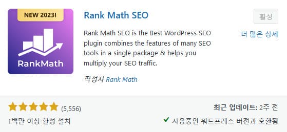 Rank Math SEO 리뷰는 5,556개로 1백만 이상 활성 설치했습니다.